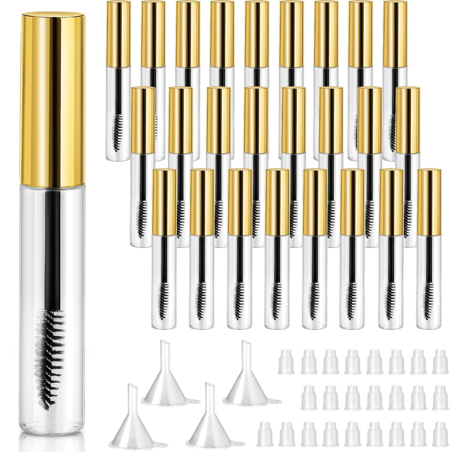 25 Pieces 10 ml Empty Mascara Tubes Wand Empty Eyelash Bottle Clear Refillable Mascara Container with 4 Pieces Funnels Transfer Pipettes for Castor Oil and DIY Cosmetics (Gold)