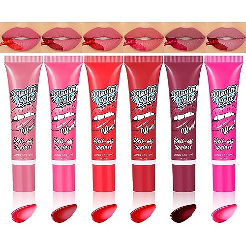 YBUETE 6 Colors Peel Off Lip Stain Lip Tint, Peel Reveal Lip Stain, Waterproof Long-Lasting Tear-off Lip Gloss, Peel Off Tattoo Lipsticks, Nonstick Cup Lip Gloss, Matte Nude Lip stain, Tattoo Magic Color Lip Set for Women Girl