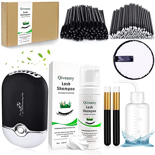 150ml/5.07fl.oz Eyelash Extension Cleanser Extension Lash Shampoo Brush Mini USB Portable Lash Fan Mascara Brush Disposable Microbrush Wash Bottle Reusable Makeup Remover Pad Gentle Cleaning(Original)