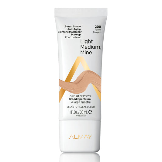 Almay Smart Shade Anti-Aging Skintone Matching Makeup, Medium Coverage Natural Finish Foundation with SPF 20, Hypoallergenic, Dermatologist Tested, 200 Light Medium Mine, 1 oz