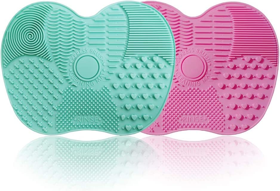 2 Packs Makeup Brush Cleaning Mat, Silicone Makeup Brush Cleaner, Makeup Brush Cleaning Pad and Scrubber with Suction Cup, Portable Washing Tool for Makeup Brushes (Pink & Green)
