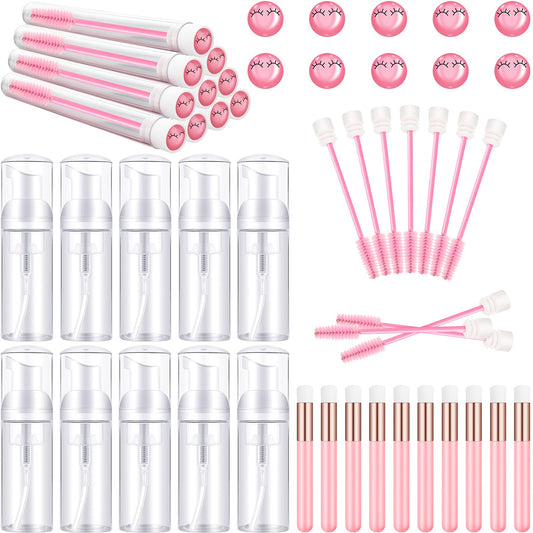 30 Pieces Nose Brushes Set 1.8oz Empty Bottle Travel Soap Bottle and Lash Shampoo Brushes Diamond Eyelash Foaming Soap Pump Dispenser Lash Wand Makeup Tool for Women Girls, 50ML (Pink)