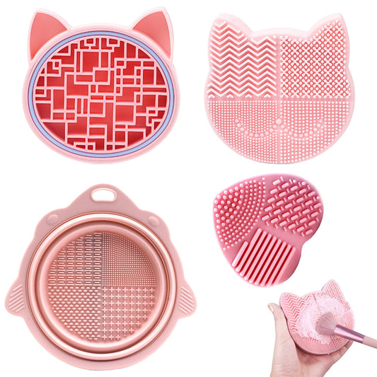 3 Pcs Makeup Brush Cleaning Mat, MaehSab Silicone Makeup Brush Scrubber Bowl, 2 in 1 Design Makeup Brush Cleaning Mat with Brush Drying Holder, Cosmetic Brush Cleaner Pad (Pink)