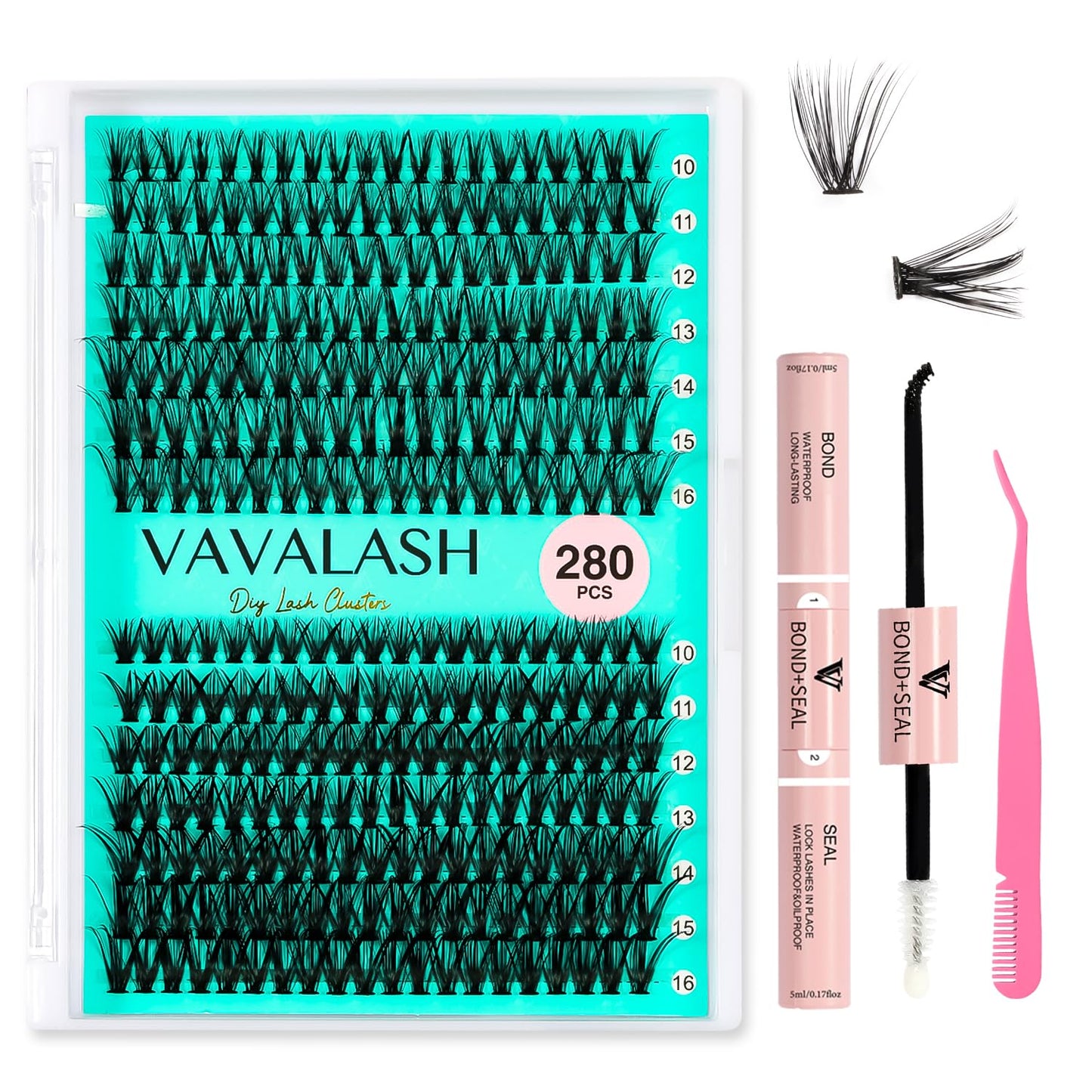 VAVALASH DIY Lash Extension Kit 280 Clusters Individual Lashes Kit 30D 40D 0.07D-10-16mm Lash Clusters, Lash Bond and Seal, Lash Tweezer for DIY Eyelash Extension at Home（Kit-30D+40D-0.07D-10-16MIX）